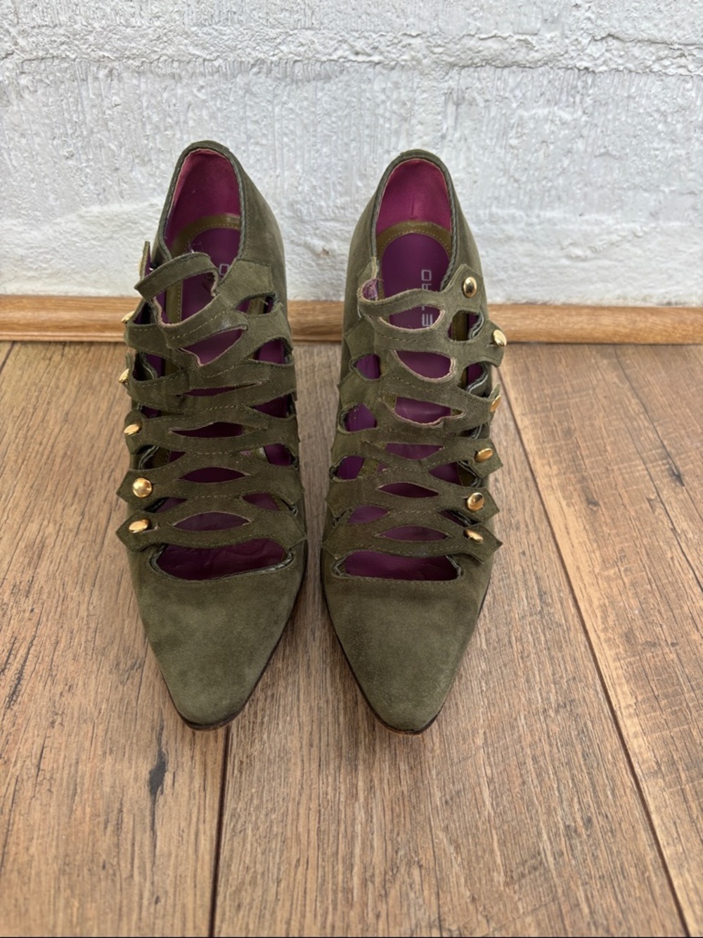 Etro Cage 1980s Leather Suede Olive Green Lace-Up Cage Stiletto Heels sz 9 1/2 - Picture 4 of 13